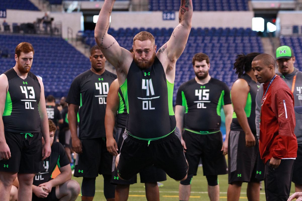 Jason Spriggs during the broad jump at the Combine