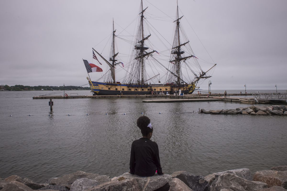 The arrival of replica ship Hermione sailing into port. Seventeen years in the re-making, the authentically reconstructed Hermione has set sail from France and has traveled 3,819 miles across the Atlantic to come to America.