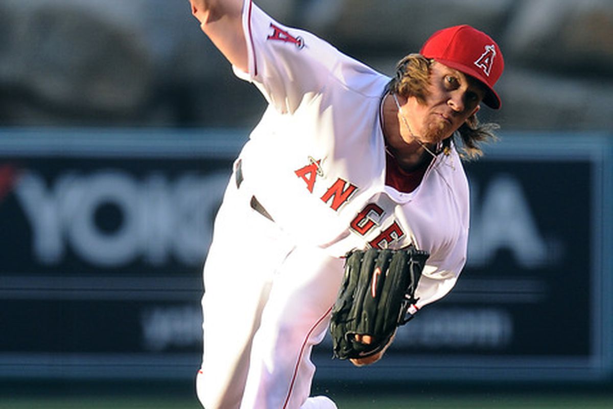 June 20, 2012; Los Angeles, CA, USA; Los Angeles Angels starting pitcher Jered Weaver (36) delivers the pitch against the San Francisco Giants at Angel Stadium. Mandatory Credit: Jayne Kamin-Oncea-US PRESSWIRE