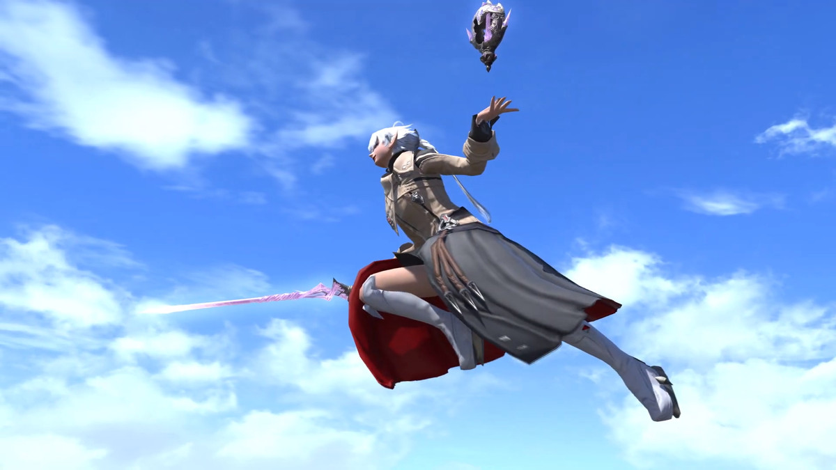 Alisae leaps into the air holding her rapier, with the bright blue sky behind her
