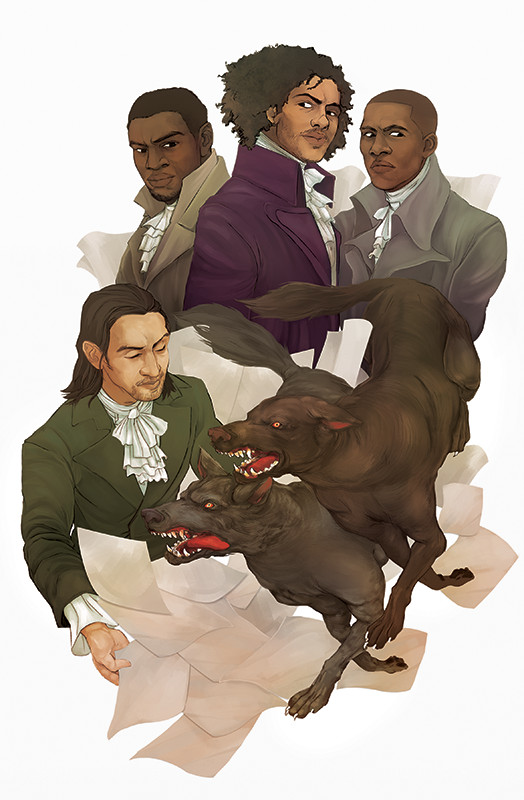 Illustration of Hamilton original cast actors playing Madison, Jefferson, Burr, and Hamilton. Two ravenous dogs are lunging toward Hamilton as he reads the paper trail associated with their accusing him of embezzling government funds.