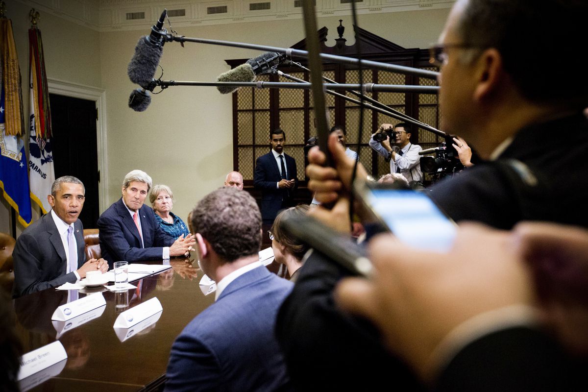 President Barack Obama, accompanied by Secretary of State John Kerry, met with veterans and Gold Star Mothers to discuss the Iran Nuclear deal on September 10, 2015.