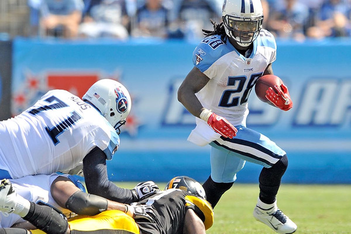 NASHVILLE TN - SEPTEMBER 19:  Chris Johnson #28 of the Tennessee Titans runs against the Pittsburgh Steelers at LP Field on September 19 2010 in Nashville Tennessee. The Steelers won 19-11.  (Photo by Grant Halverson/Getty Images)