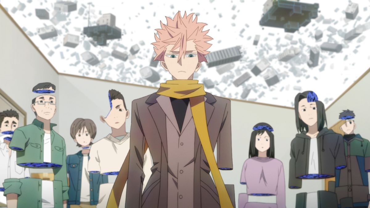 An anime character with light pink hair in a tan brown suit and coat with a mustard yellow scarf stands in a room filled with people with half-formed bodies. The ceiling of the room is missing, and the background is filled with debris and broken buildings floating in white space. 
