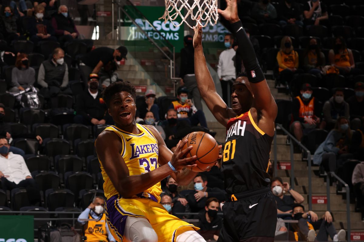 Kostas Antetokounmpo #37 of the Los Angeles Lakers shoots the ball during the game against the Utah Jazz on February 24, 2021 at vivint.SmartHome Arena in Salt Lake City, Utah.