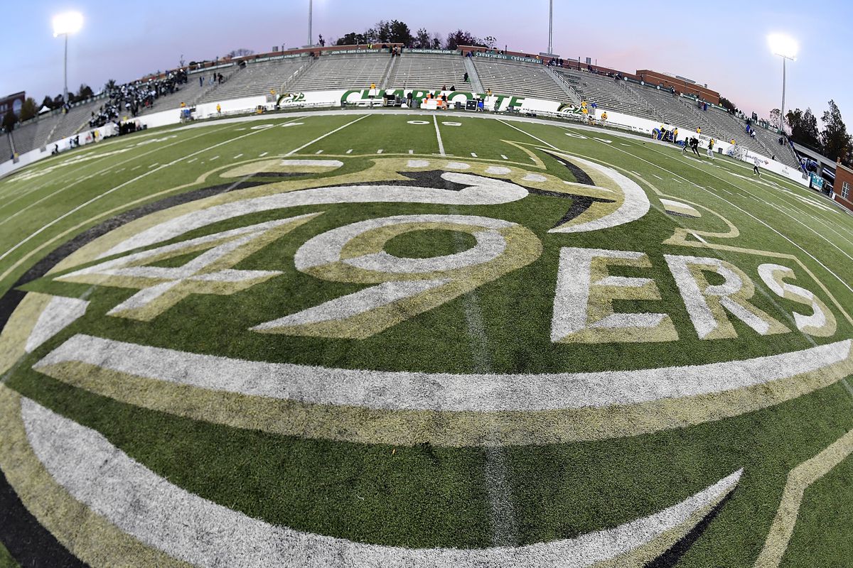 A general view of the Charlotte 49ers logo at midfield of McColl-Richardson Field at Jerry Richardson Stadium following the Charlotte 49ers’ football game against the Middle Tennessee Blue Raiders on November 11, 2017 in Charlotte, North Carolina.