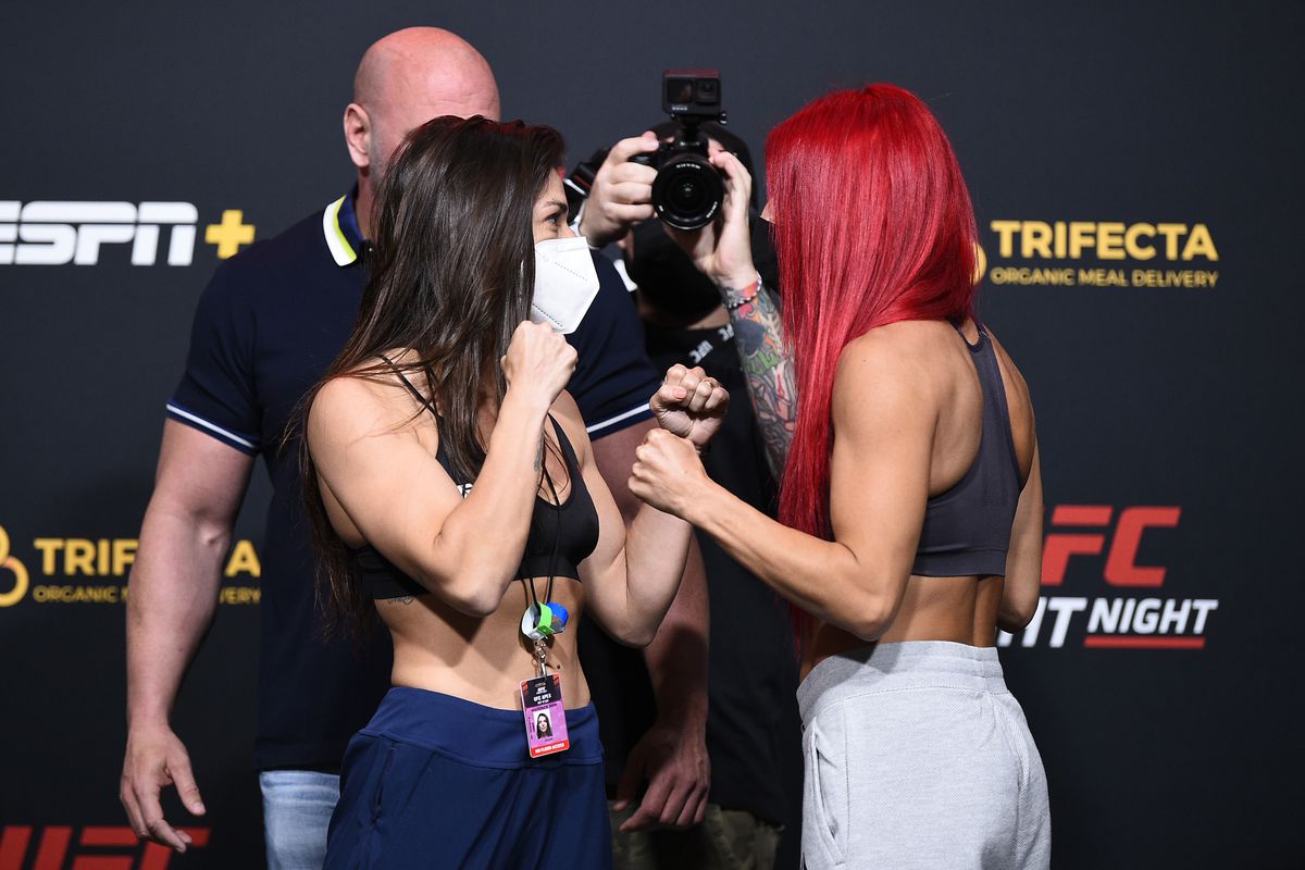 Mackenzie Dern and Randa Markos face off during the UFC Fight Night weigh-in at UFC APEX on September 18, 2020 in Las Vegas, Nevada.