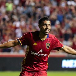 Real Salt Lake midfielder Javier Morales (11) celebrates after kicking his team's third goal of the night during a match between Real Salt Lake and Chicago Fire at Rio Tinto Stadium in Sandy on Saturday, Aug. 6, 2016.