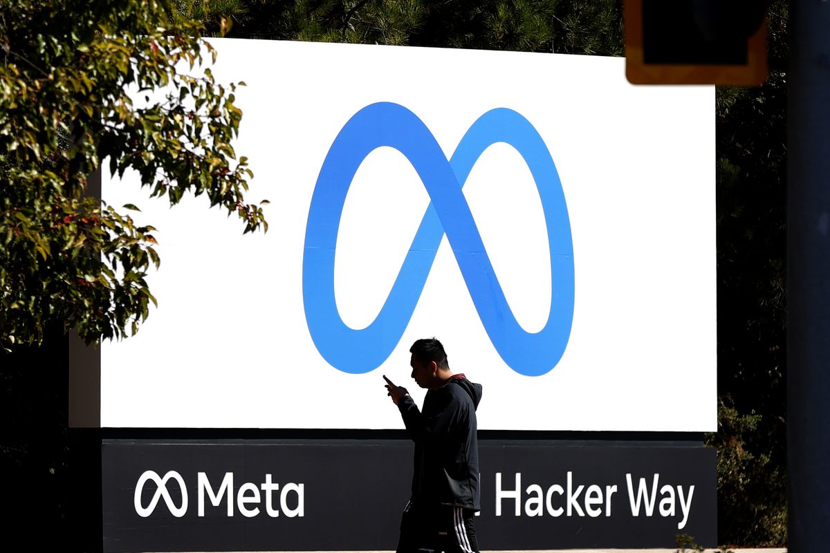 The Meta headquarters sign at 1 Hacker Way in Menlo Park, California.