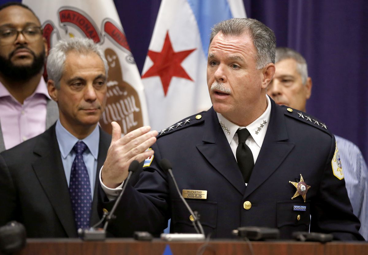 Then-Supt. Garry McCarthy and Mayor Rahm Emanuel in 2015 announcing murder charges against Officer Jason Van Dyke in the fatal 2014 shooting of Laquan McDonald.