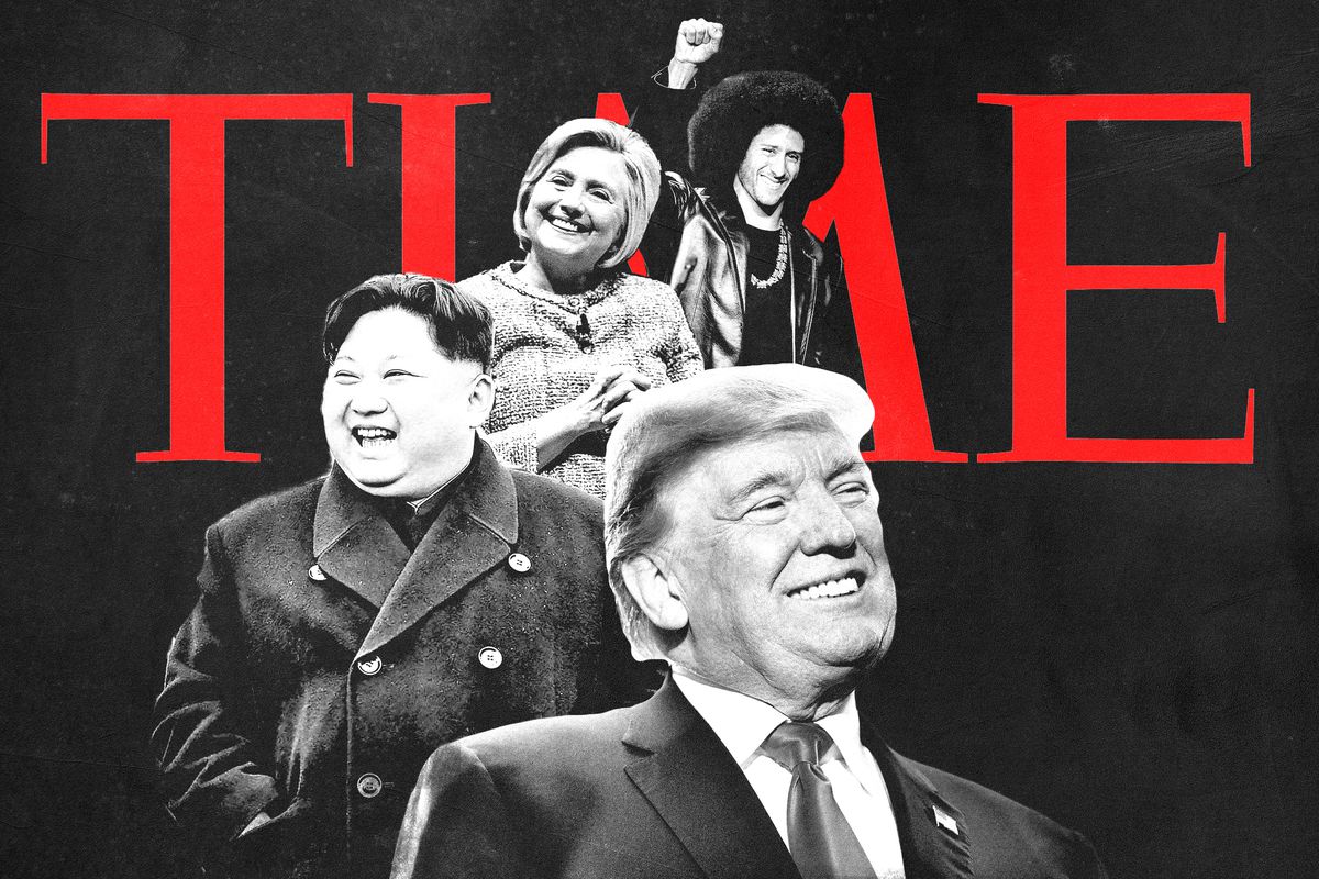 Colin Kaepernick, Hillary Clinton, Kim Jong Un, and Donald Trump in front of the Time magazine 
