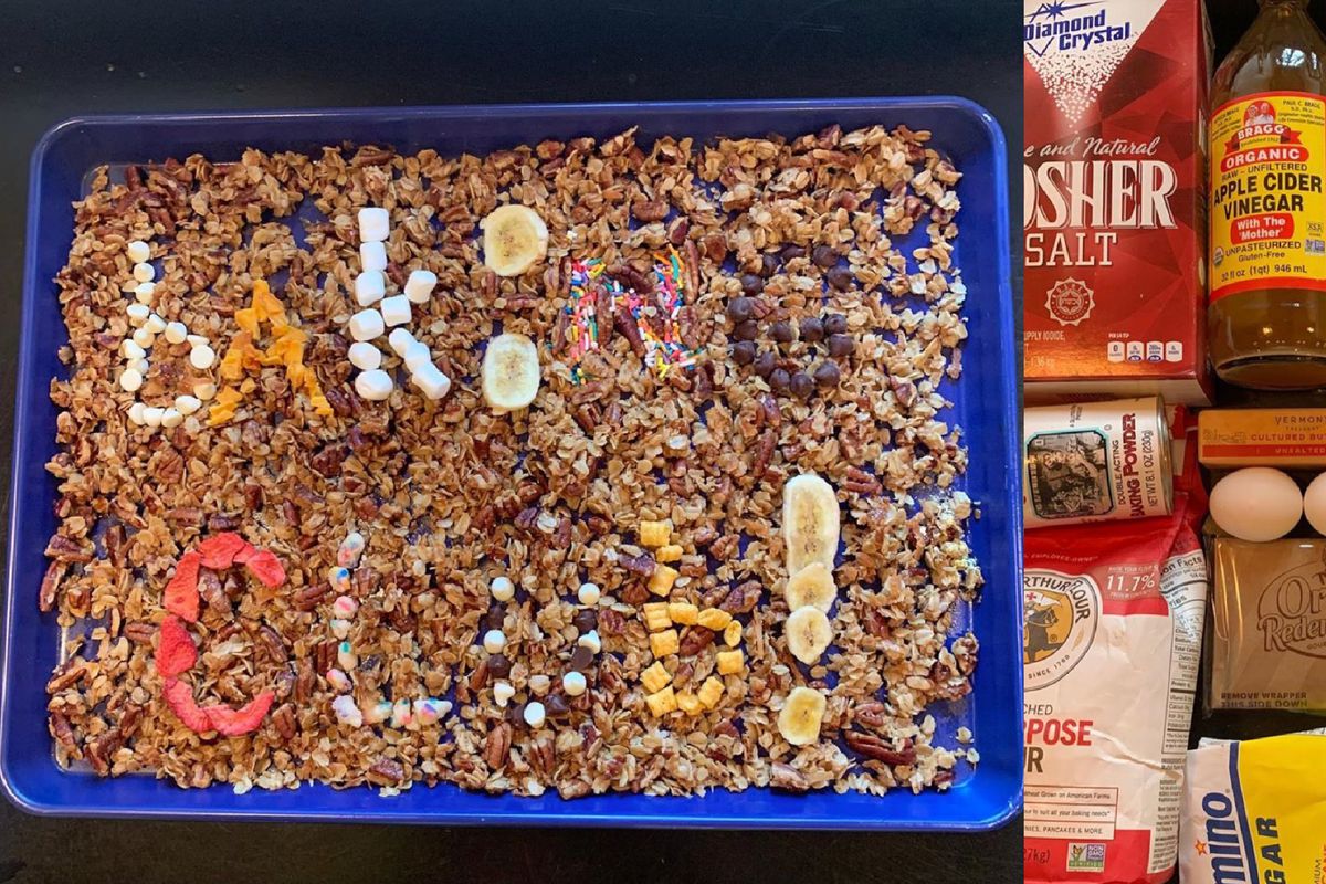 On the left, “baking club” spelled out with granola ingredients on a blue enamel tray. On the right, baking ingredients like sugar, flour, and eggs, shot from above.