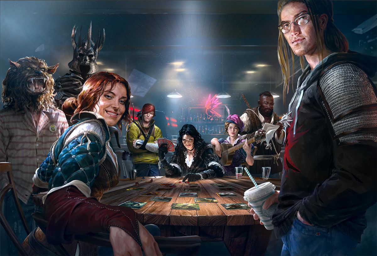 Key art from the initial reveal of Gwent: The Witcher Card Game shows a table with familiar characters — including a werewolf — in a fairly modern setting.
