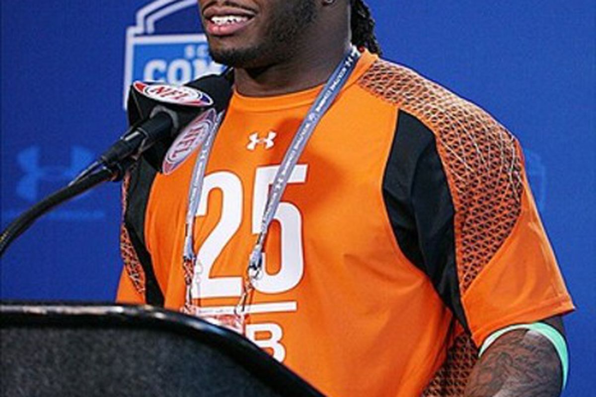 Feb 24, 2012; Indianapolis, IN, USA; Alabama Crimson Tide running back Trent Richardson speaks at a press conference during the NFL Combine at Lucas Oil Stadium. Mandatory Credit: Brian Spurlock-US PRESSWIRE