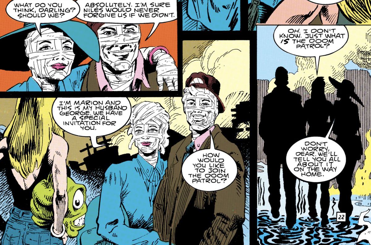 “We have a special invitation for you,” say George and Marian, a couple whose skin and hair are wrapped in bandages, to the tall blonde figure of Kate Goodwin. “How would you like to join the Doom Patrol?” in Doom Patrol #70 (1993). 