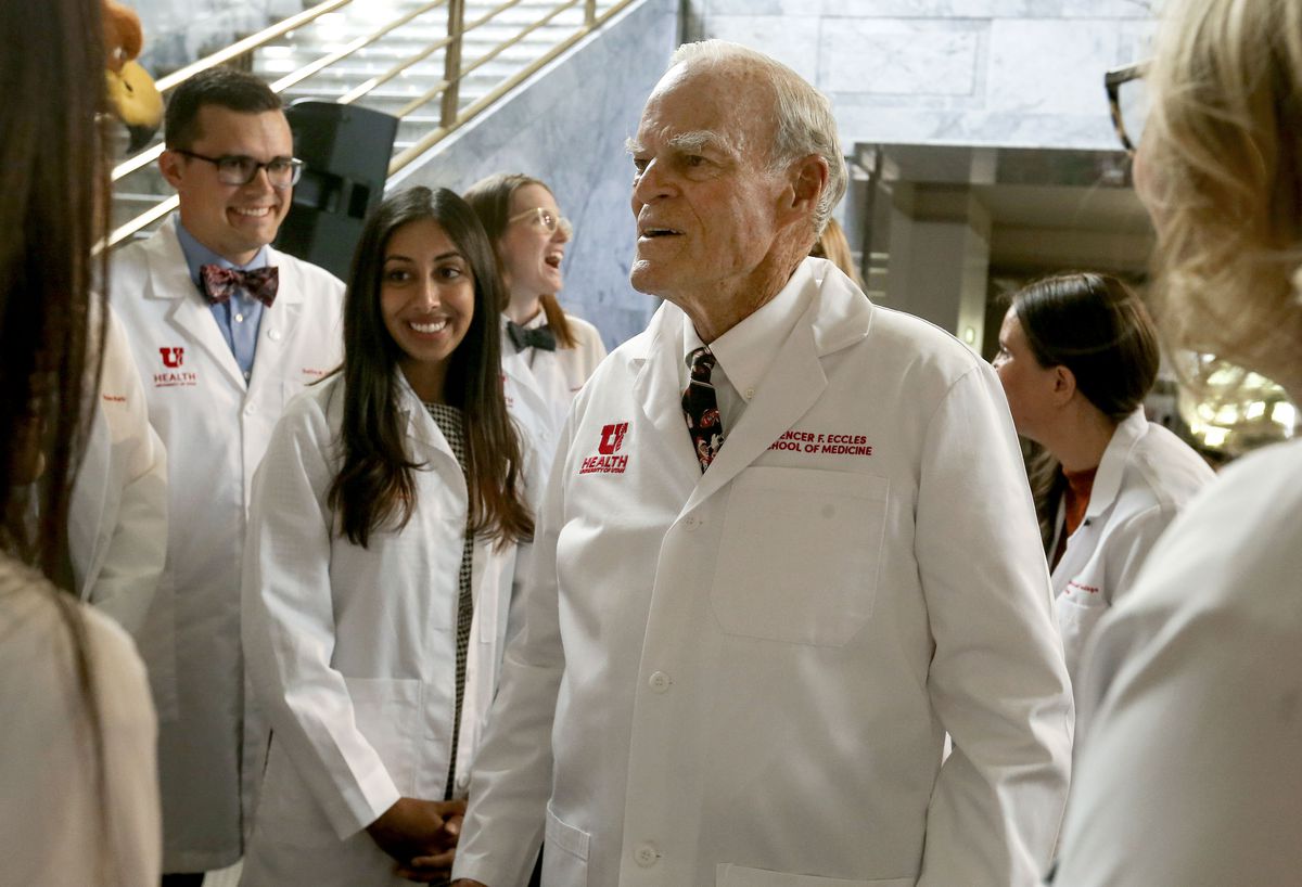 Spencer Eccles speaks with medical students following the announcement of a landmark gift to the University of Utah’s School of Medicine in Salt Lake City on Wednesday, June 9, 2021. Two Eccles family foundations are giving a combined $110 million to the University of Utah School of Medicine.
