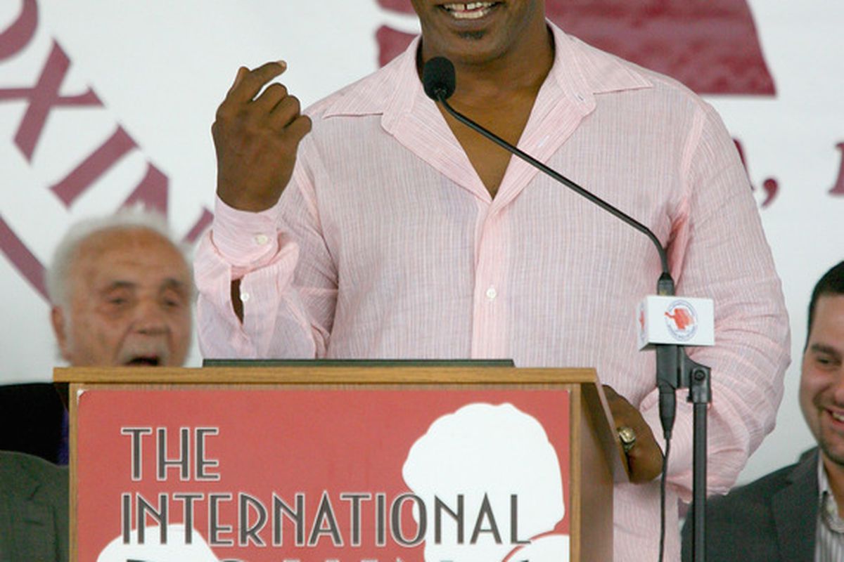 CANASTOTA, NY - JUNE 12:  Mike Tyson gives his induction speech during the 2011 International Boxing Hall of Fame Inductions at the International Boxing Hall of Fame on June 12, 2011 in Canastota, New York.  (Photo by Rick Stewart/Getty Images)