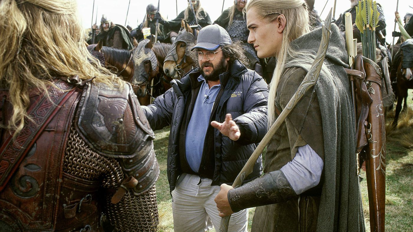 Peter Jackson on the set of "Lord of the Rings" with Orlando Bloom as Legolas Greenleaf (right)