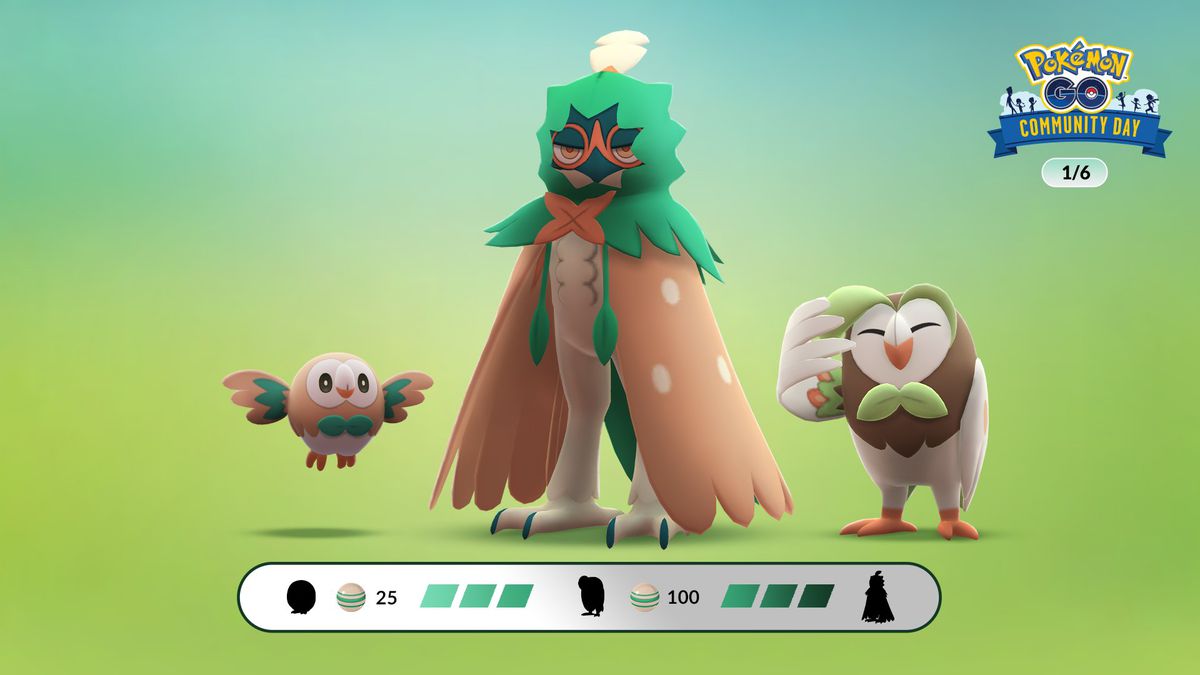 Rowlet, Decidueye, and Dartrix stand together in Pokémon Go with their evolution candy values below them.
