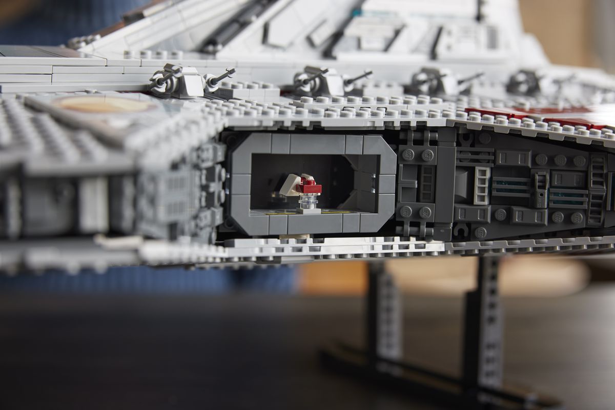 A closeup photo of the left hangar port of the Lego Venator