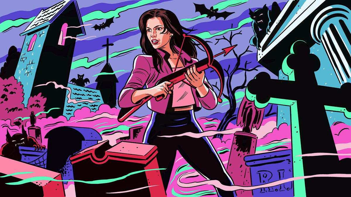 An illustration of Cordelia Chase with a crossbow.