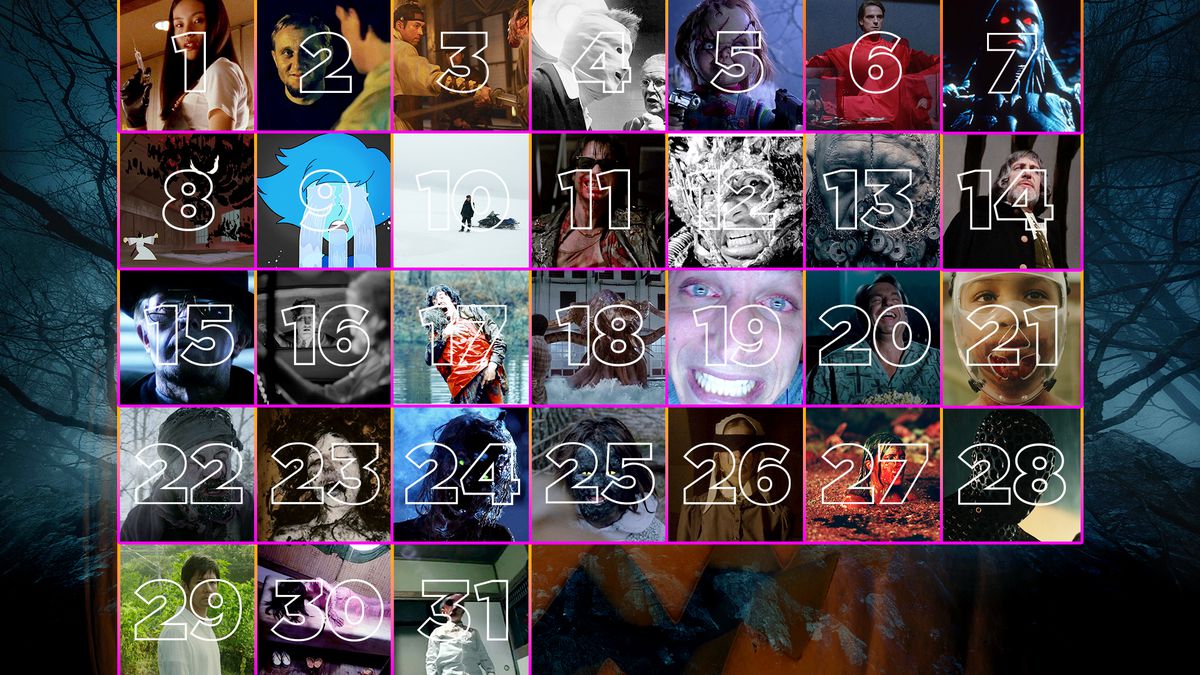 A collage image of 31 days of Halloween, set up like a calendar. The background shows the headless horseman, with a Jack-O-Lantern overlaid. The first 31 days are filled in with images of the movies featured in this post.  