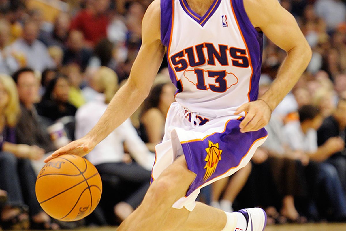 Steve Nash and the Phoenix Suns aren't running quite as much as they thought they would this season but are still scoring at a high rate and seem satisfied with the tempo. (Photo by Max Simbron)