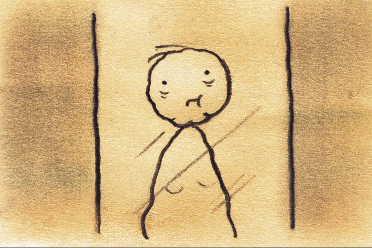 A stick figure drawing of an older person.