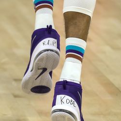 Utah Jazz center Rudy Gobert (27) pays tribute to Kobe Bryant with a message on his shoes during game against the Houston Rockets at Vivint Arena in Salt Lake City on Monday, Jan. 27, 2020.
