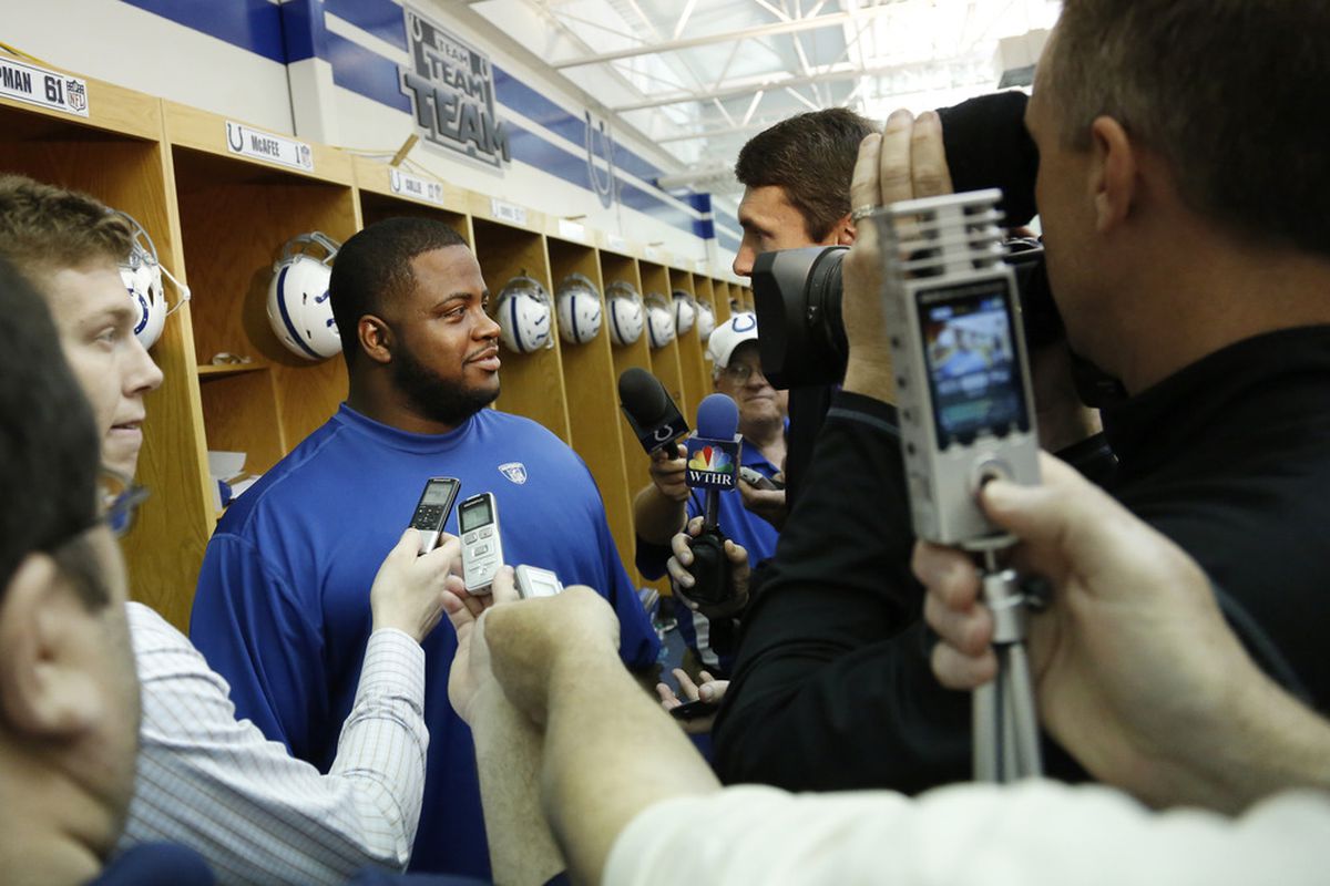 INDIANAPOLIS, IN - MAY 4: Josh Chapman #61 of the Indianapolis Colts talks with media following a rookie minicamp at the team facility on May 4, 2012 in Indianapolis, Indiana. (Photo by Joe Robbins/Getty Images)