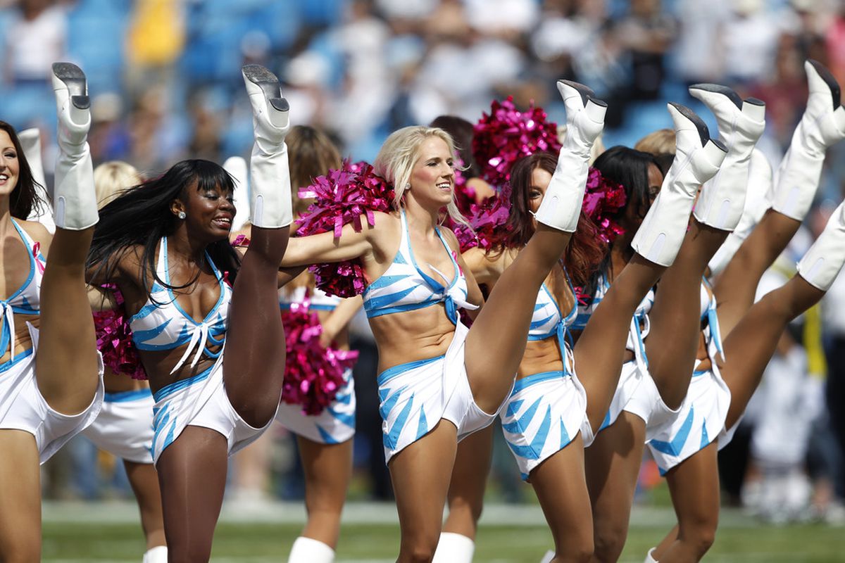 CHARLOTTE, NC - OCTOBER 9: Carolina Panthers cheerleaders dance during the first half of the game against the New Orleans Saints at Bank of America Stadium on October 9, 2011 in Charlotte, North Carolina. (Photo by Joe Robbins/Getty Images)