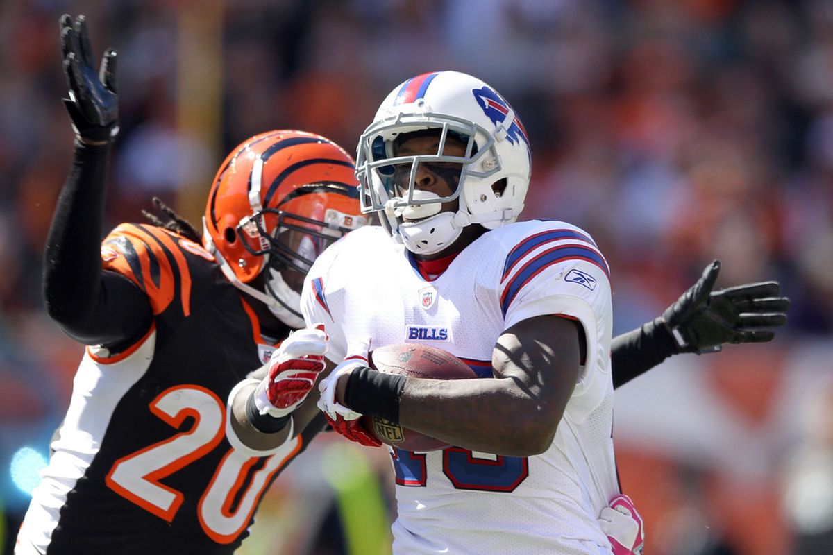CINCINNATI, OH - OCTOBER 02:  Stevie Johnson #13 of the Buffalo Bills is defended by Reggie Nelson #20 of the Cincinnati Bengals during the game at Paul Brown Stadium on October 2, 2011 in Cincinnati, Ohio.  (Photo by Andy Lyons/Getty Images)