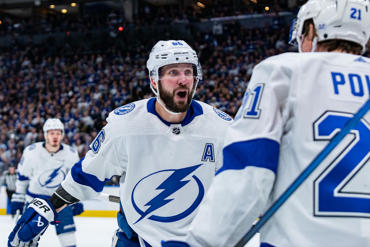 Tampa Bay Lightning Right Wing Nikita Kucherov celebrates a goal scored by Tampa Bay Lightning Center Brayden Point during the Round 1 NHL Stanley Cup Playoffs Game 1 between the Tampa Bay Lightning and the Toronto Maple Leafs on April 18, 2023, at Scotiabank Arena in Toronto, ON, Canada.