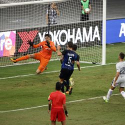 Stevan Jovetic of FC Internazionale shoots and scores the first goal during the International Champions Cup match between FC Internazionale and Chelsea FC at National Stadium on July 29, 2017 in Singapore.