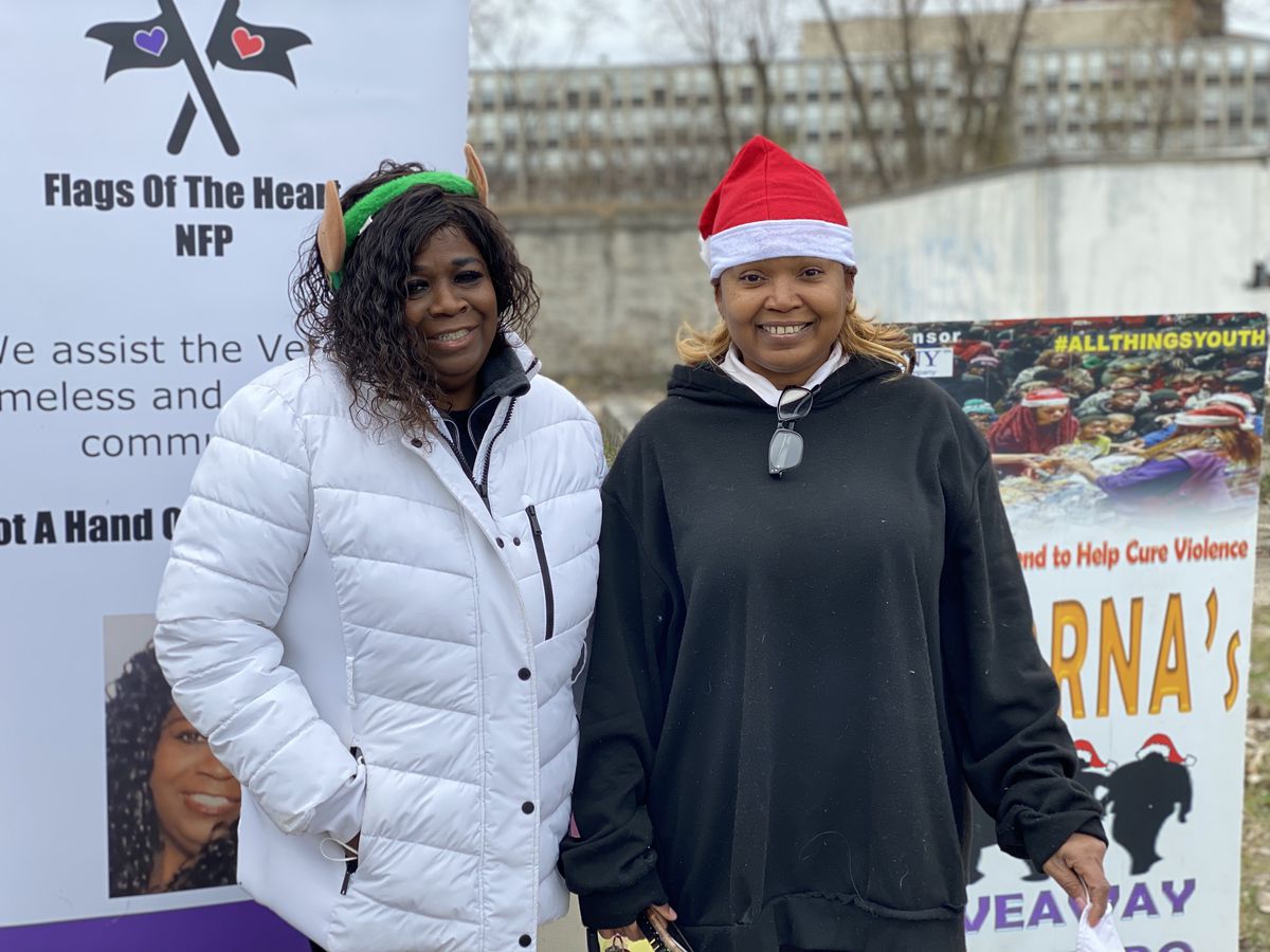 Sharon Preston (left), Flags of the Heart founder, and Delece Williams, Kidz Korna founder, gave a press conference Monday at the site of the stolen container. Williams identified the stolen container Wednesday after authorities located it in Chicago Heights.