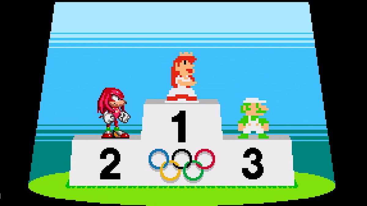 8-bit versions of Luigi, Knuckles, and Princess Peach are standing on the medal podium in Mario &amp; Sonic at the Olympic Games Tokyo 2020