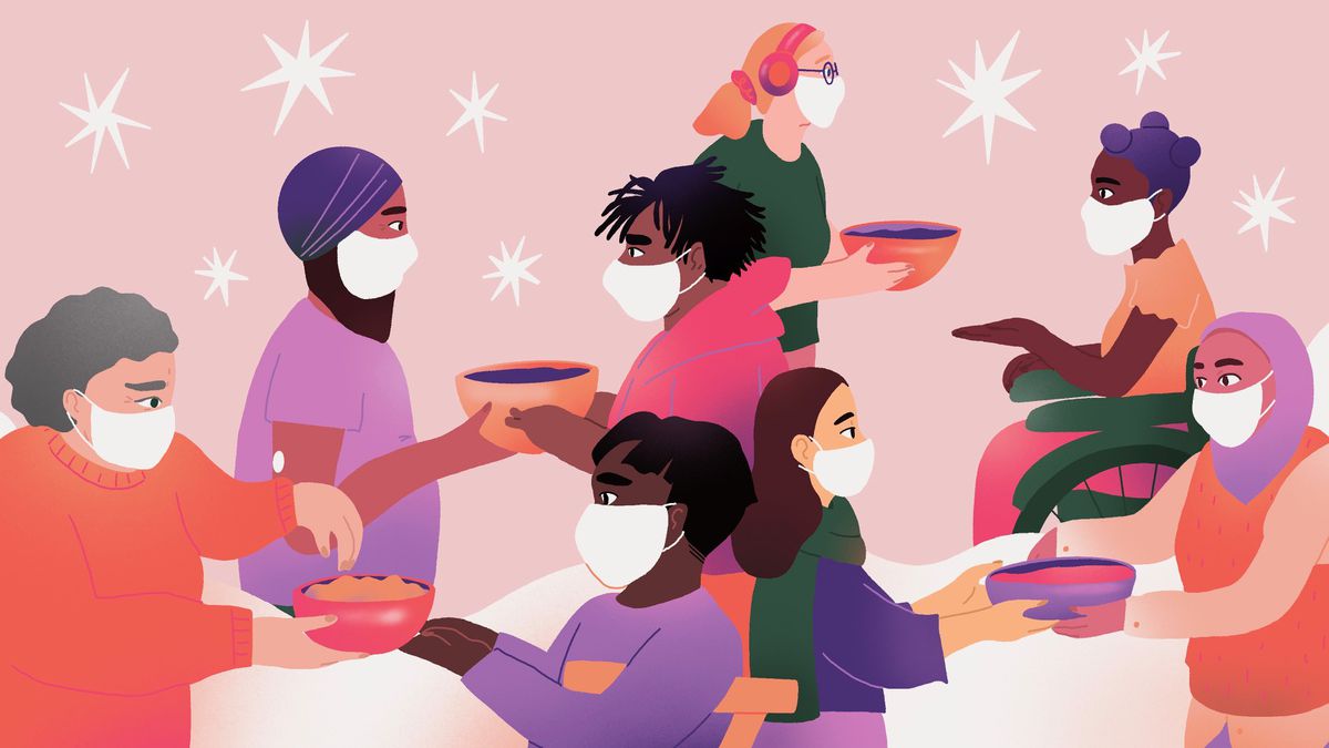 A richly colored illustration of people wearing surgical masks exchanging bowls of food