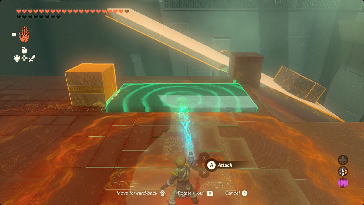 The Legend of Zelda: Tears of the Kingdom Link attaching a metal cube and panel in Rotsumamu Shrine