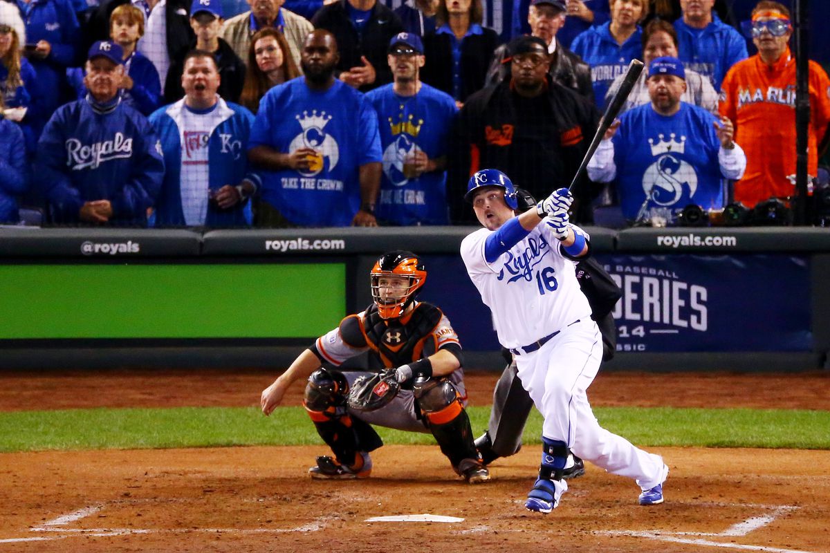 Billy Butler #16 of the Kansas City Royals hits an RBI double in the second inning against the San Francisco Giants during Game Six of the 2014 World Series at Kauffman Stadium on October 28, 2014 in Kansas City, Missouri.