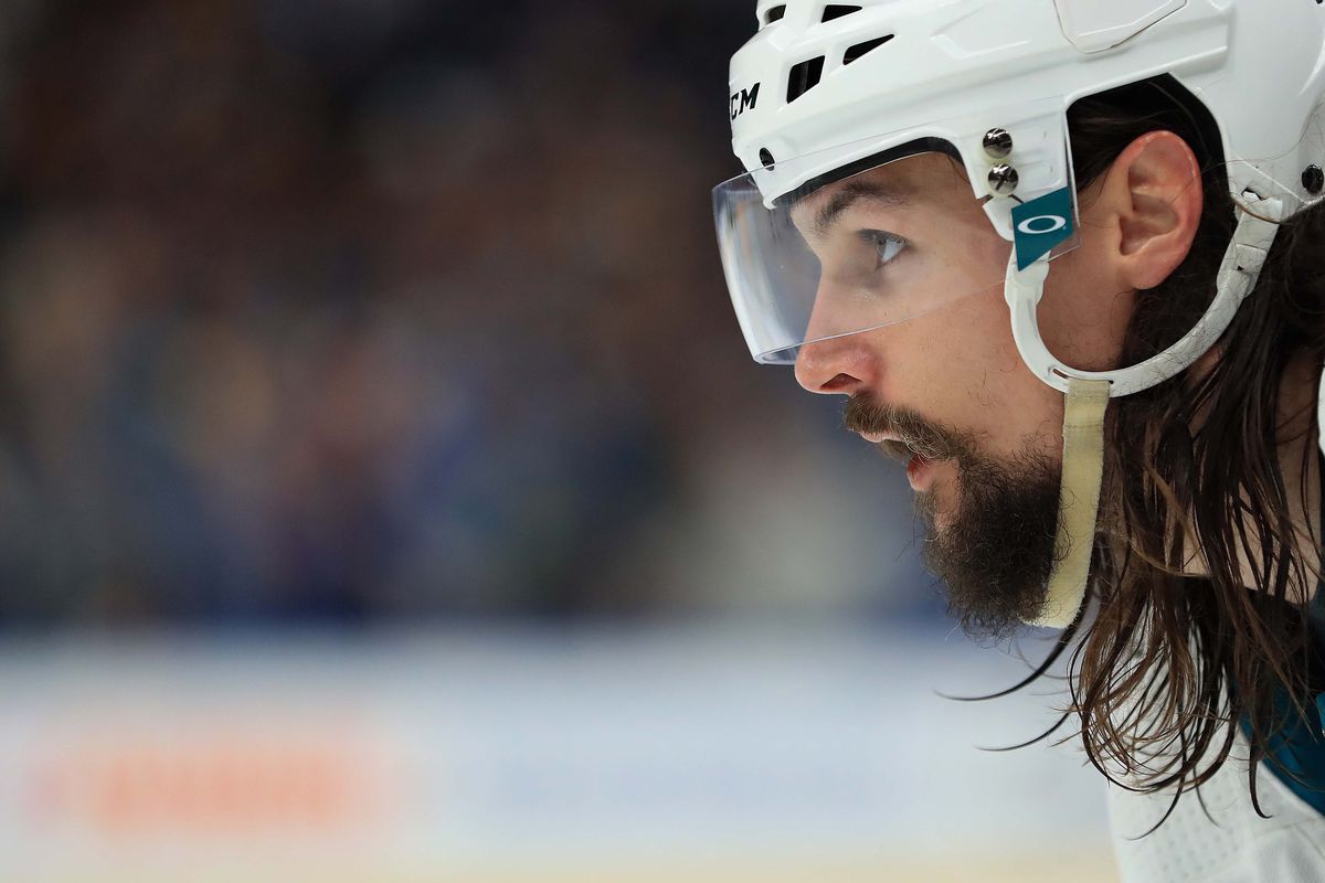 San Jose Sharks defenseman Erik Karlsson (65) awaits the face-off against the St. Louis Blues in the third period during game four of the Western Conference Final of the 2019 Stanley Cup Playoffs at Enterprise Center.