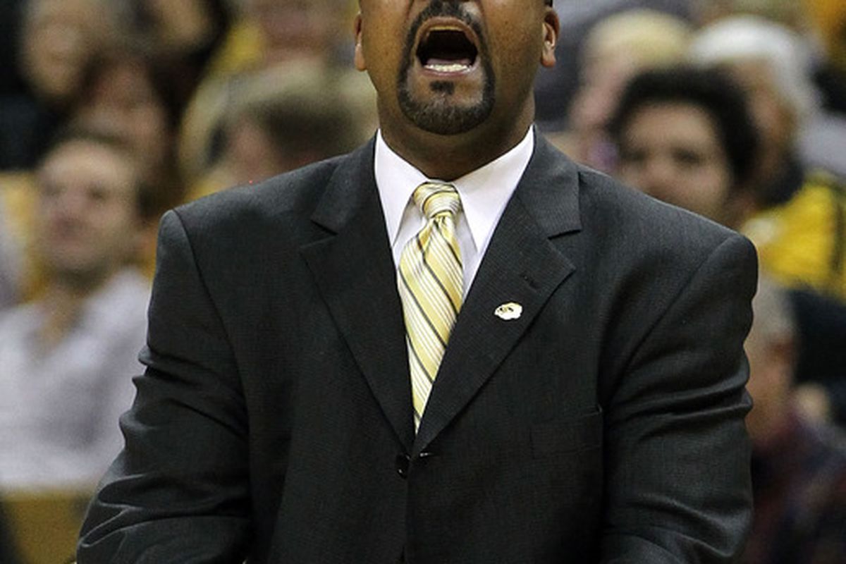 COLUMBIA, MO - NOVEMBER 17:  Head coach Frank Haith of the Missouri Tigers reacts during the game against the Niagara Purple Eagles on November 17, 2011 at Mizzou Arena in Columbia, Missouri.  (Photo by Jamie Squire/Getty Images)