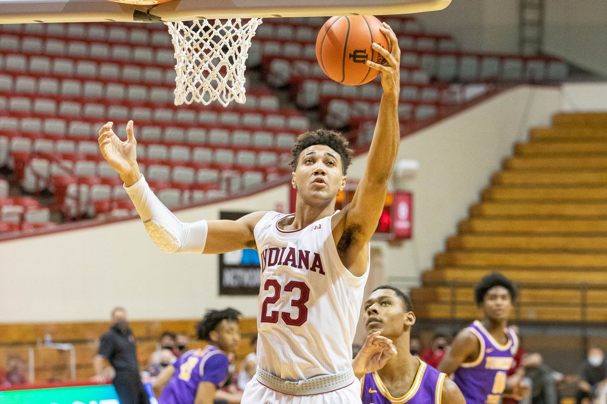 Indiana Hoosiers forward Trayce Jackson-Davis rebounds the ball against the Tennessee Tech Golden Eagles in the second half at Simon Skjodt Assembly Hall.