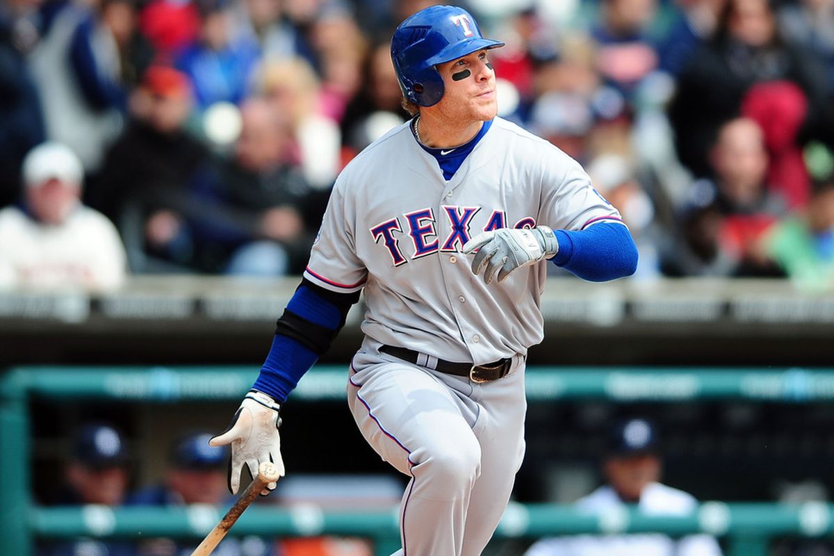 April 22, 2012; Detroit, MI, USA; Texas Rangers center fielder Josh Hamilton (32) hits a solo home run in the first inning against the Detroit Tigers at Comerica Park. Mandatory Credit: Andrew Weber-US PRESSWIRE