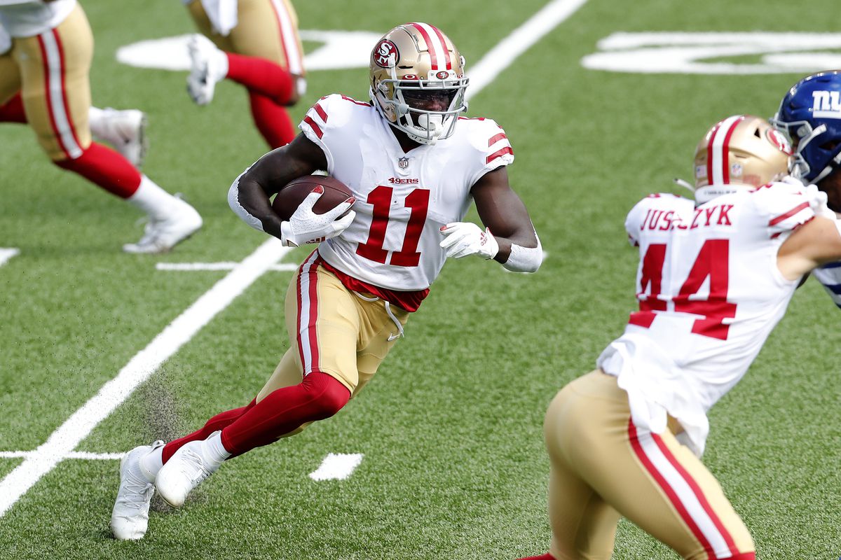 Brandon Aiyuk #11 of the San Francisco 49ers in action against the New York Giants at MetLife Stadium on September 27, 2020 in East Rutherford, New Jersey.