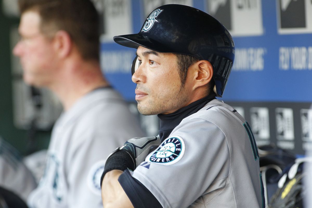 Ichiro Suzuki prior to the start of a game between the Seattle Mariners and the Texas Rangers at Rangers Ballpark in Arlington, Texas. (Photo by Rick Yeatts/Getty Images)