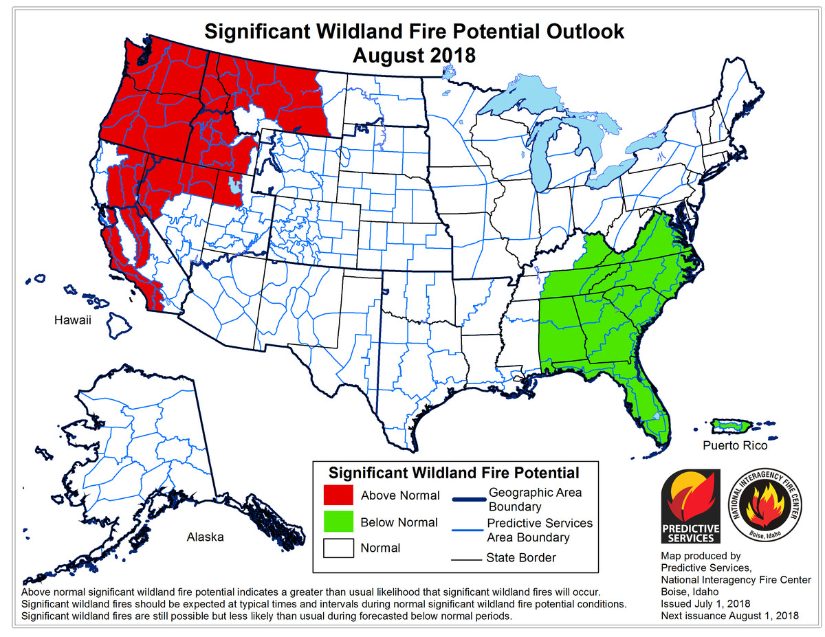US wildfire risk for August 2018