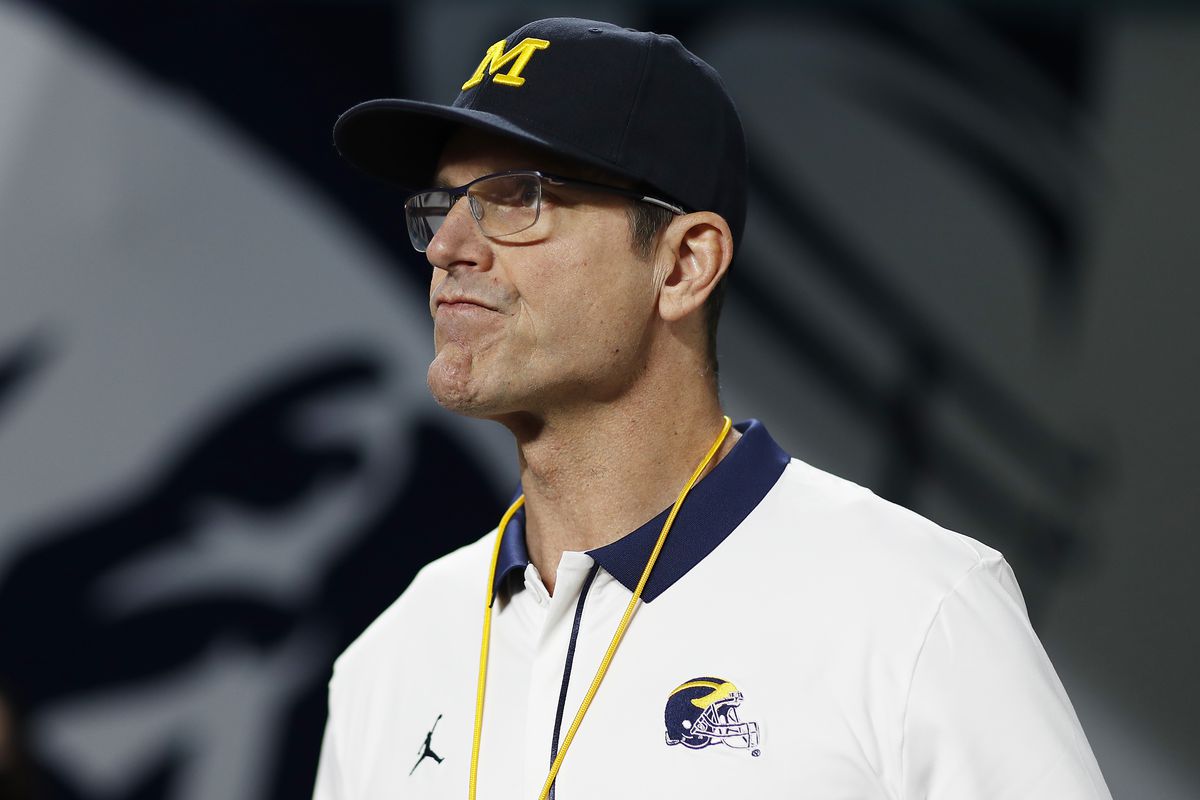 Head Coach Jim Harbaugh of the Michigan Wolverines looks on before the game against the Georgia Bulldogs in the Capital One Orange Bowl for the College Football Playoff semifinal game at Hard Rock Stadium on December 31, 2021 in Miami Gardens, Florida.