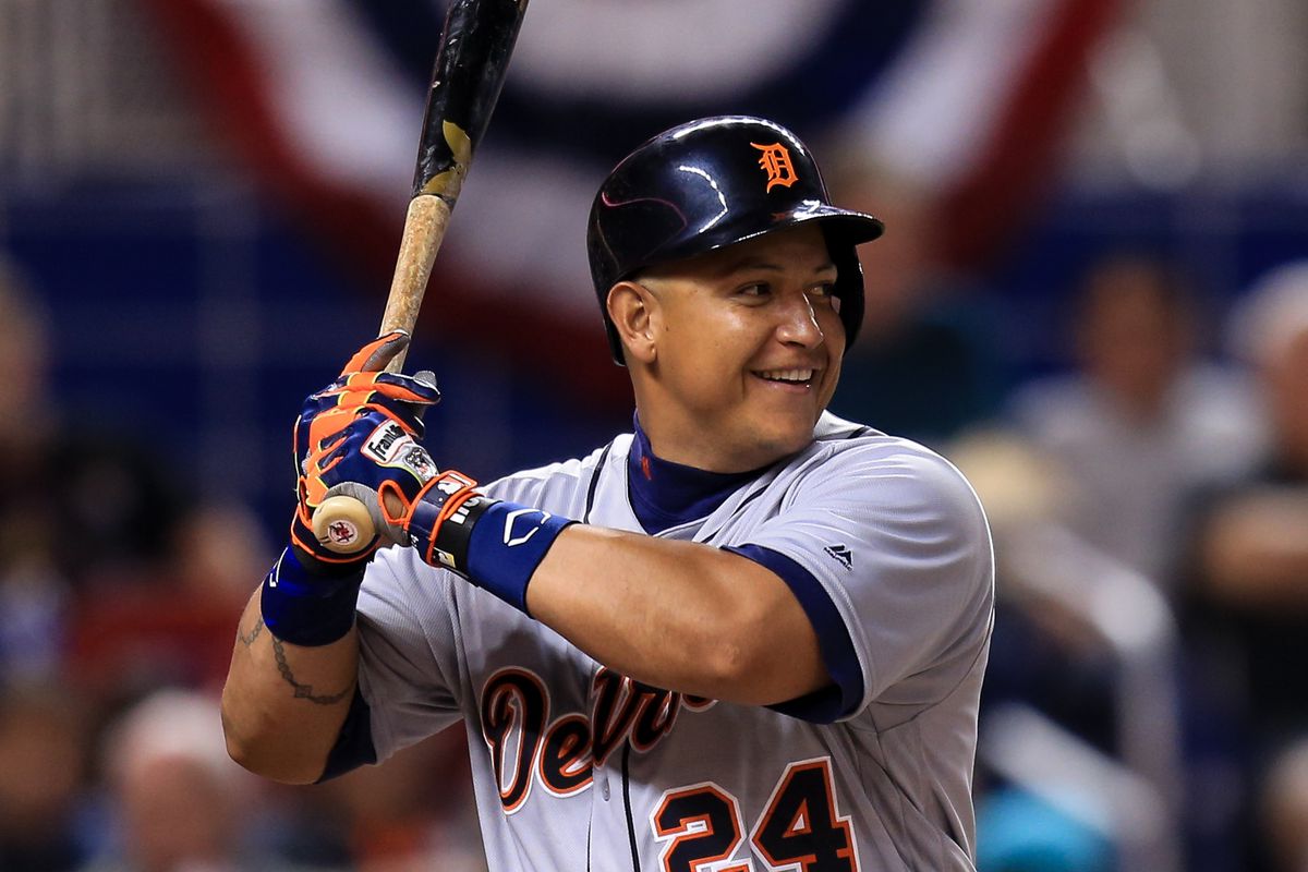Miguel Cabrera #24 of the Detroit Tigers smiles during an at bat in the game against the Miami Marlins at Marlins Park