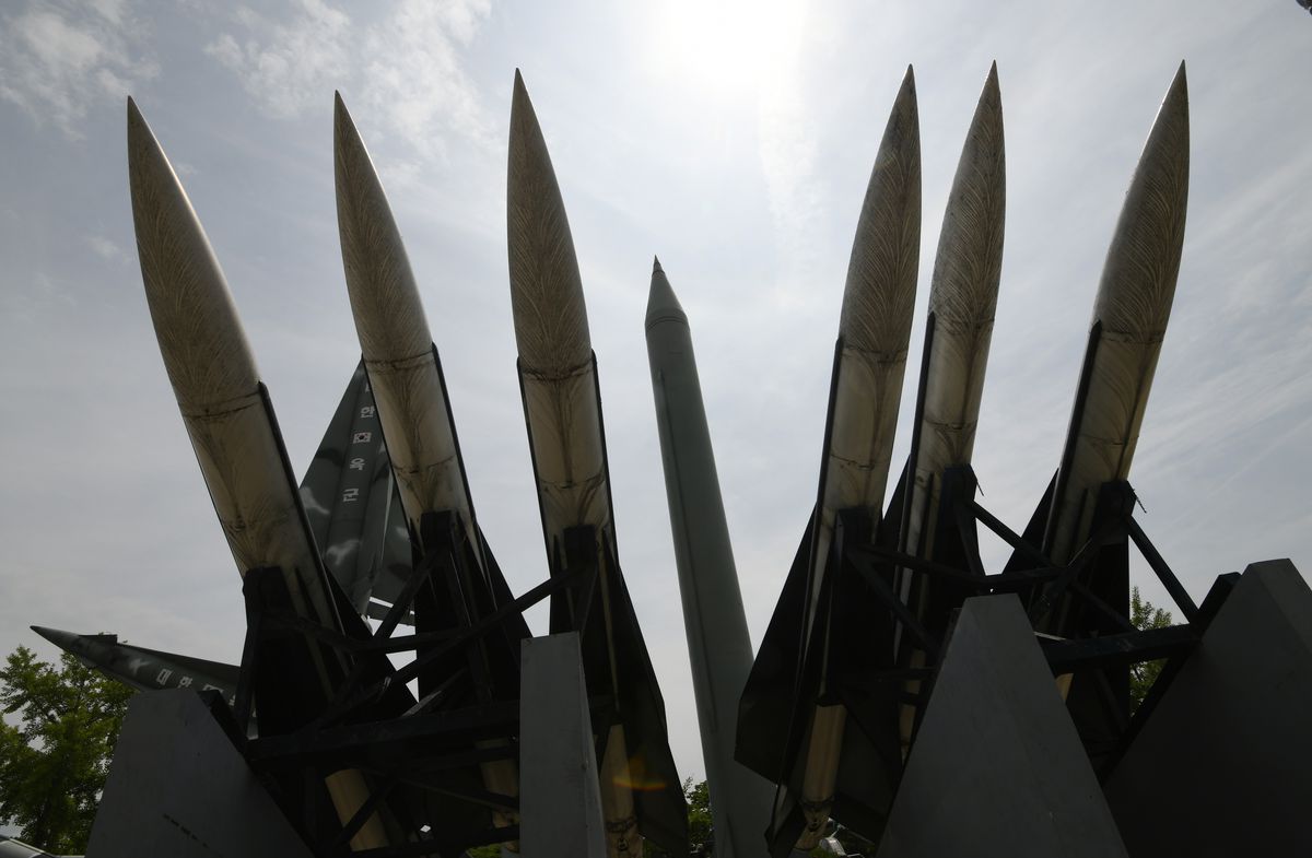 Replicas of North Korean and South Korean missiles are displayed at the Korean War Memorial in Seoul on June 10, 2018.