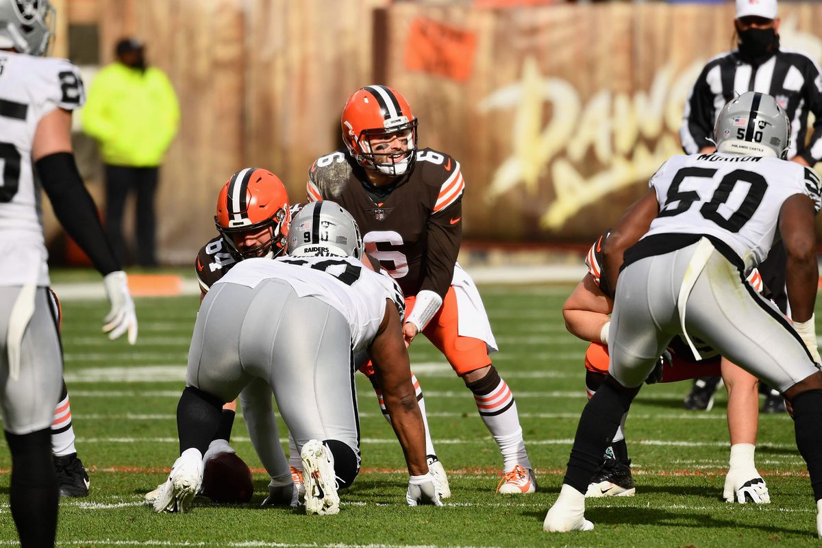 Baker Mayfield #6 of the Cleveland Browns calls signals against the Las Vegas Raiders at FirstEnergy Stadium on November 1, 2020 in Cleveland, Ohio.